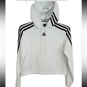 Adidas Women’s Black and White Essentials 3 Stripped Cropped Pullover Hoodie.